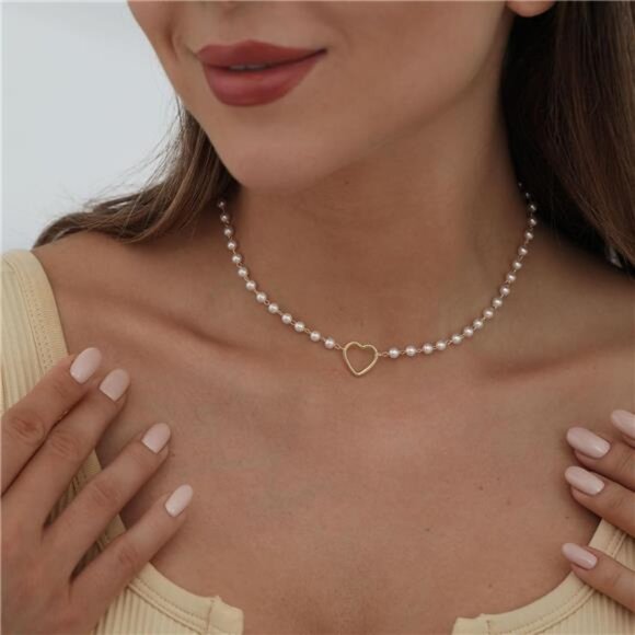 Necklaces for Women Hollow heart+pearl-Gold - Picture 2 of 6